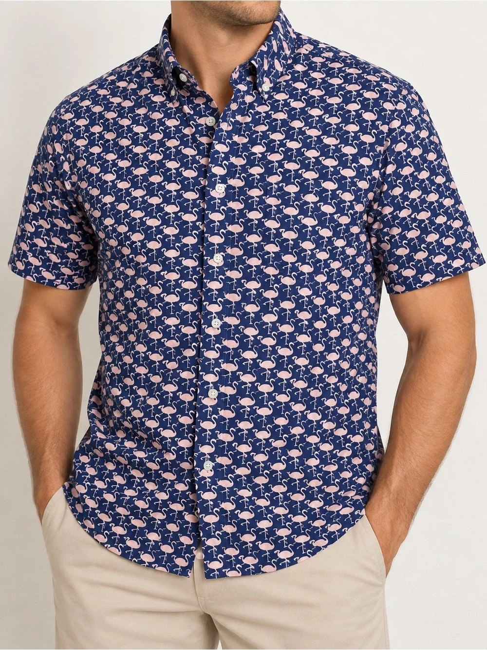 J.Crew Slim Flex Washed Flamingo Print Shirt Men XL Navy Pink